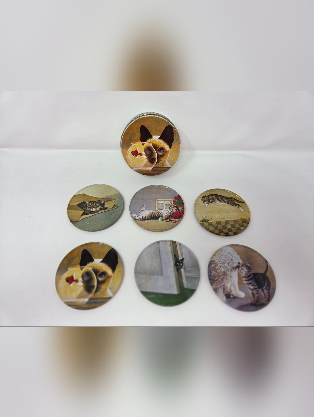 Vintage 1987 Set Of L. Herrero Cat Coasters With Tin
